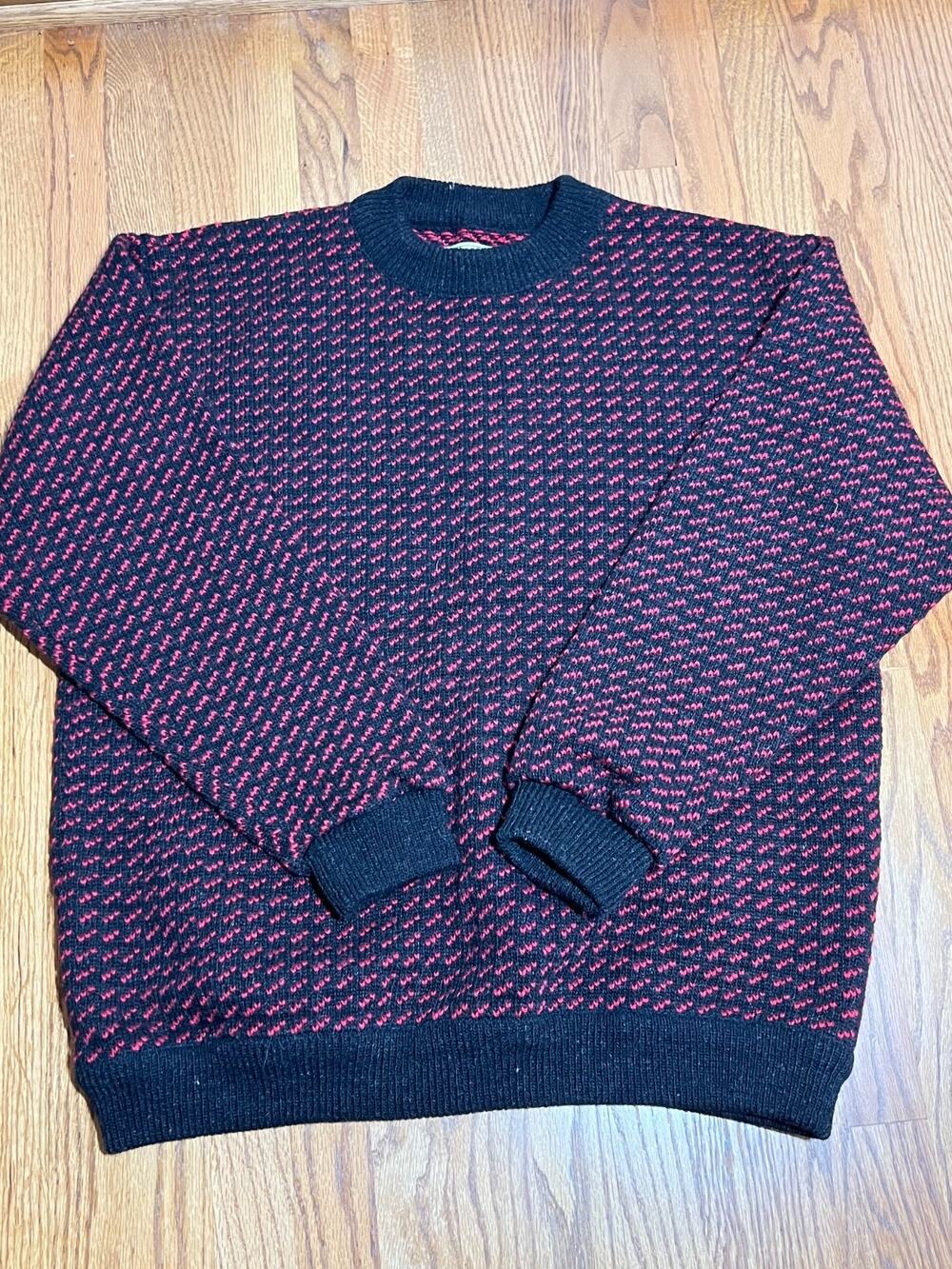VTG LL Bean Gray Red Birdseye Thick Knit Wool Crew Sweater Norway XL TALL 05086